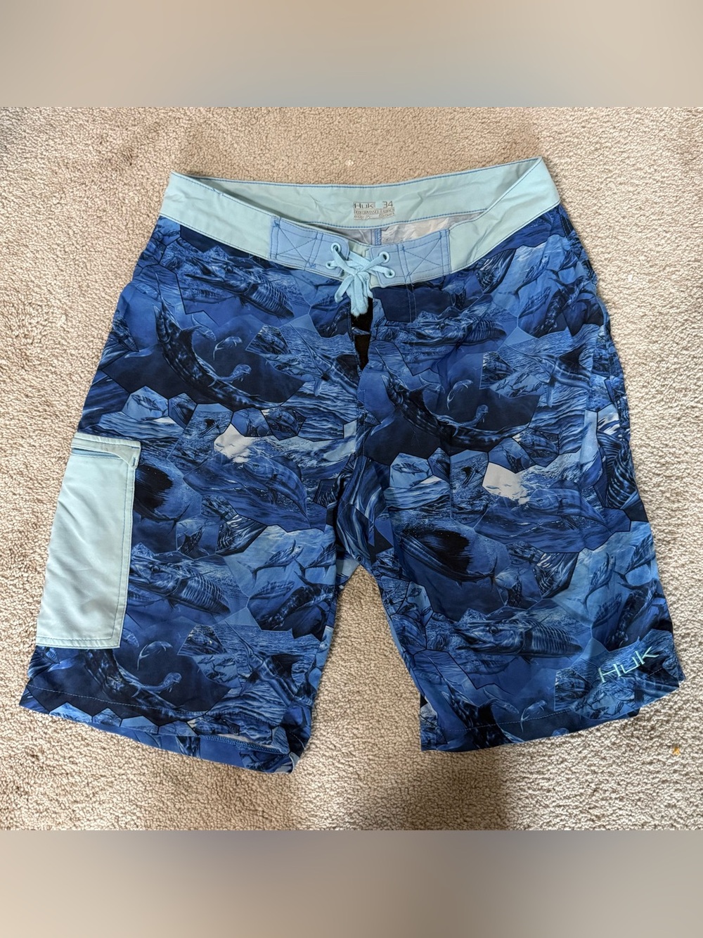 Huk Men's Light Blue and Navy Graphic Board Shorts